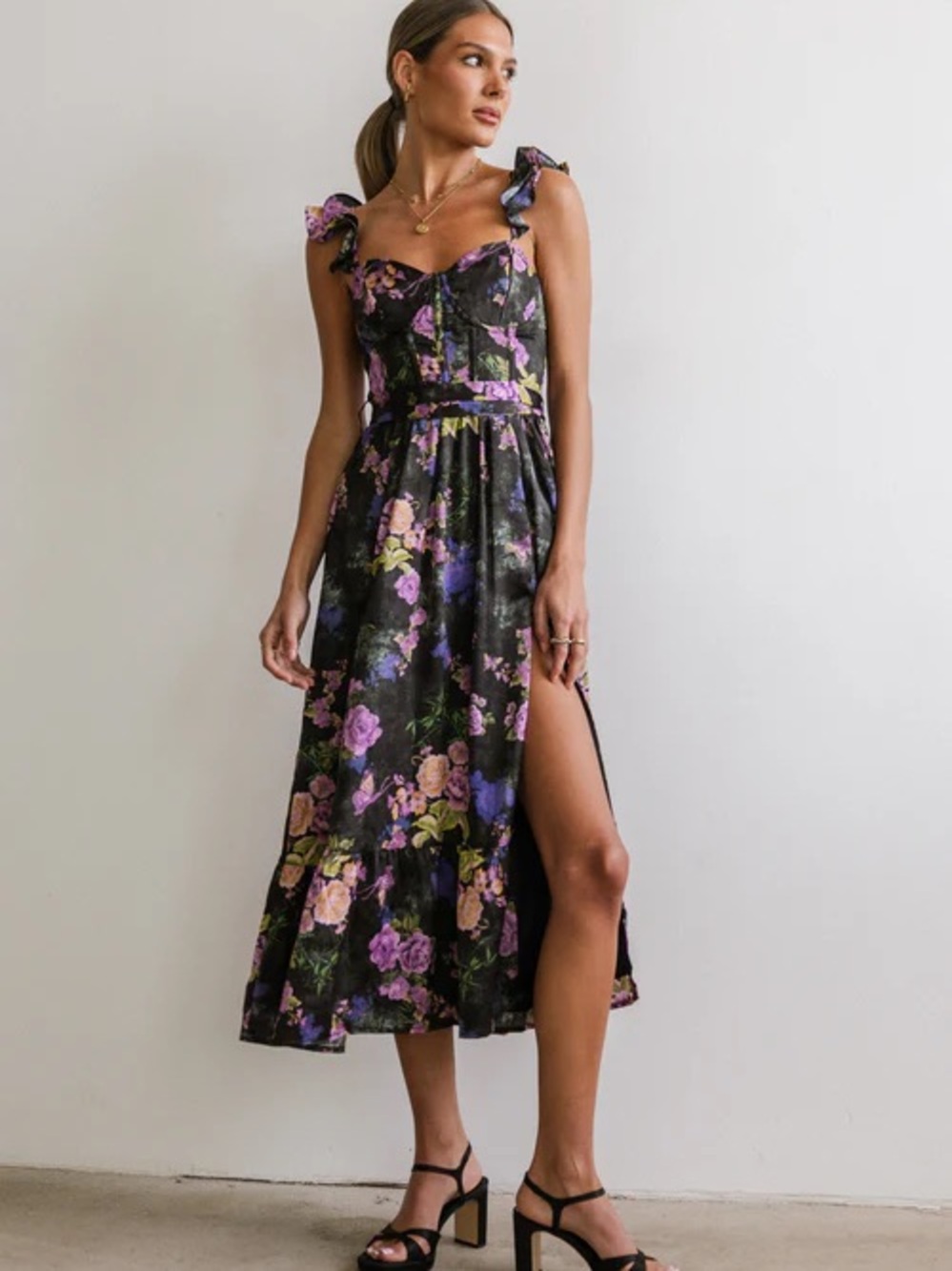 Lulu's Black Floral Ruffle-Shoulder Midi Dress